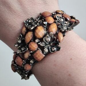 Antique Style Bronze Brass Cuff Bracelet Butterflies and Amber resin cabochons